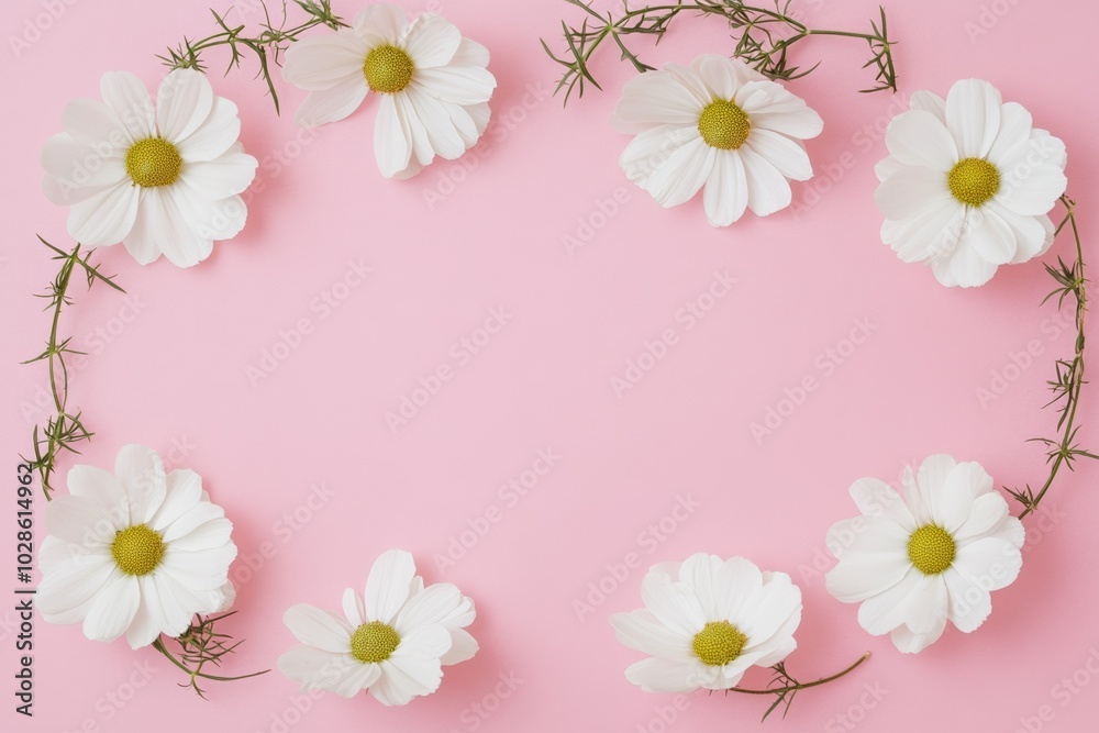 Pink background with white cosmos flowers in corners, wedding card decoration banner with copy space Pink background with white cosmos flowers in corners, wedding card decoration banner with copy space