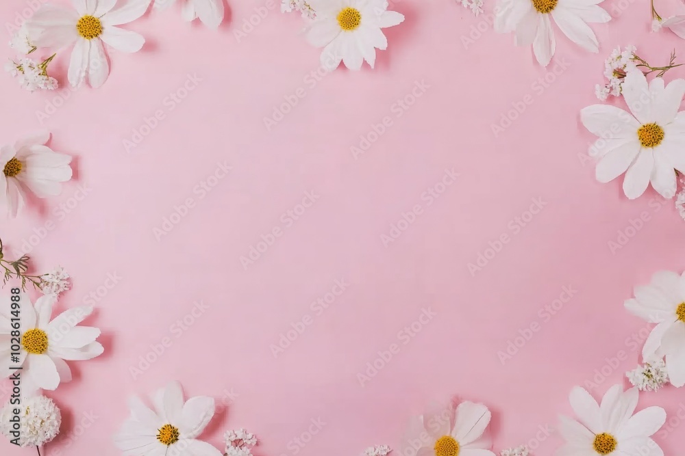 Pink background with white cosmos flowers in corners, wedding card decoration banner with copy space Pink background with white cosmos flowers in corners, wedding card decoration banner with copy space