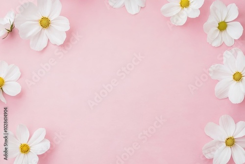 Pink background with white cosmos flowers in corners, wedding card decoration banner with copy space