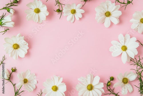 Pink background with white cosmos flowers in corners, wedding card decoration banner with copy space