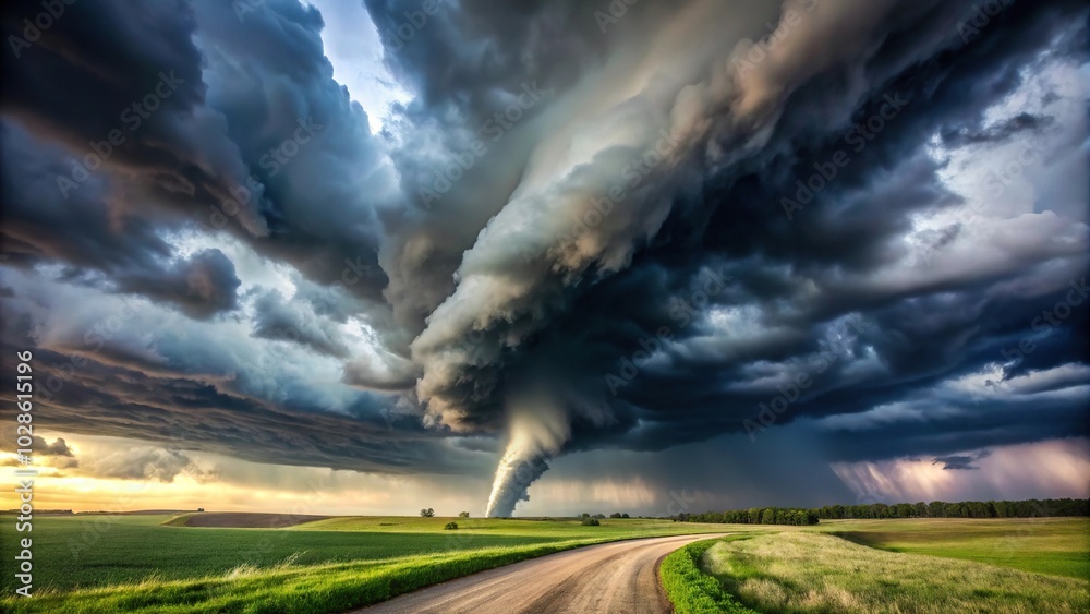 Ominous sky and serene landscape with dark clouds gathering signaling an approaching tornado Ominous sky and serene landscape with dark clouds gathering signaling an approaching tornado