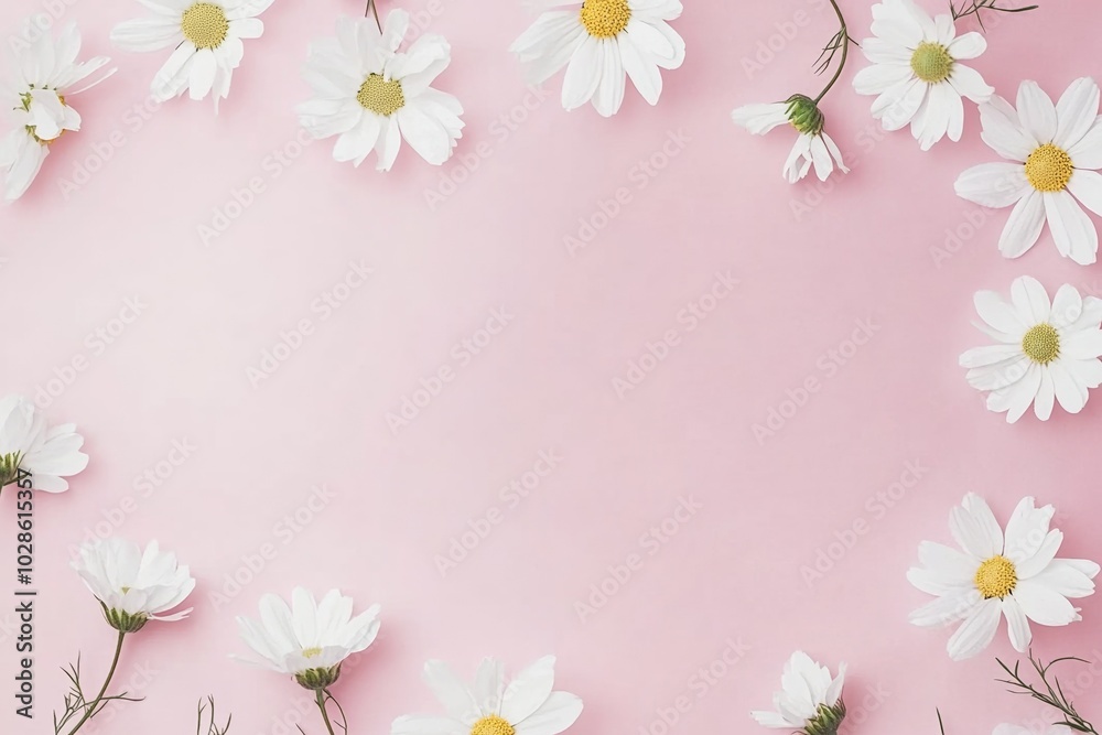 Pink background with white cosmos flowers in corners, wedding card decoration banner with copy space Pink background with white cosmos flowers in corners, wedding card decoration banner with copy space