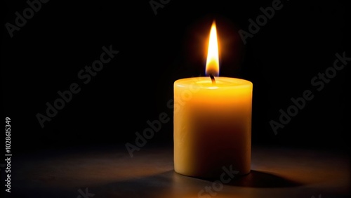 One light candle burning brightly in the black background Wide-Angle