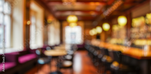 blurred bar pub scene with empty seating arrangements, inviting ambiance for casual meetups or events, unfocused pub setting photo