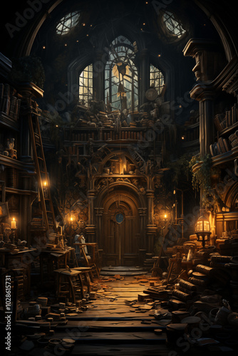 Wallpaper Mural Gothic library interior with mysterious atmosphere representing exploration and disorder in dark colors Torontodigital.ca