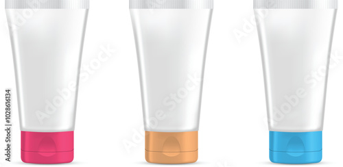 Set of white tubes with color caps. Realistic mockup. Gel serum, cream or lotion. Vector illustration.