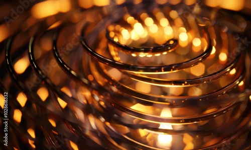 Close-up of intricate tungsten coil, emitting a golden hue, 4K hyperrealistic photo.