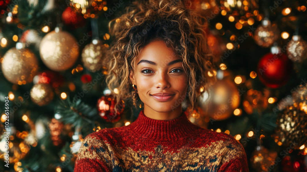 Joyful Woman Posing by a Festive Christmas Tree Joyful Woman Posing by a Festive Christmas Tree