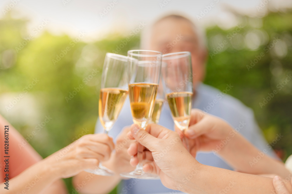 A group of people clink champagne glasses together in a celebratory toast. The image conveys joy, celebration, and togetherness in an outdoor setting, symbolizing special moments and shared happiness. A group of people clink champagne glasses together in a celebratory toast. The image conveys joy, celebration, and togetherness in an outdoor setting, symbolizing special moments and shared happiness.
