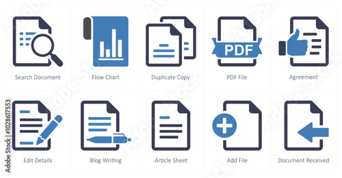 A set of 10 mix icons as search document, flow chart, duplicate copy