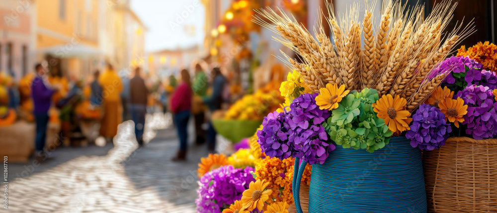 custom made wallpaper toronto digitalVibrant market scene filled with colorful flowers and wheat, showcasing a festive atmosphere in a charming street, community gathering in the town square for a harvest celebration