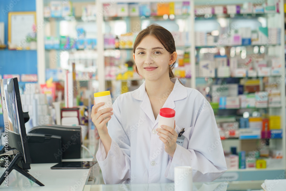 Pharmacist female at shop pharmacy store Pharmacist female at shop pharmacy store