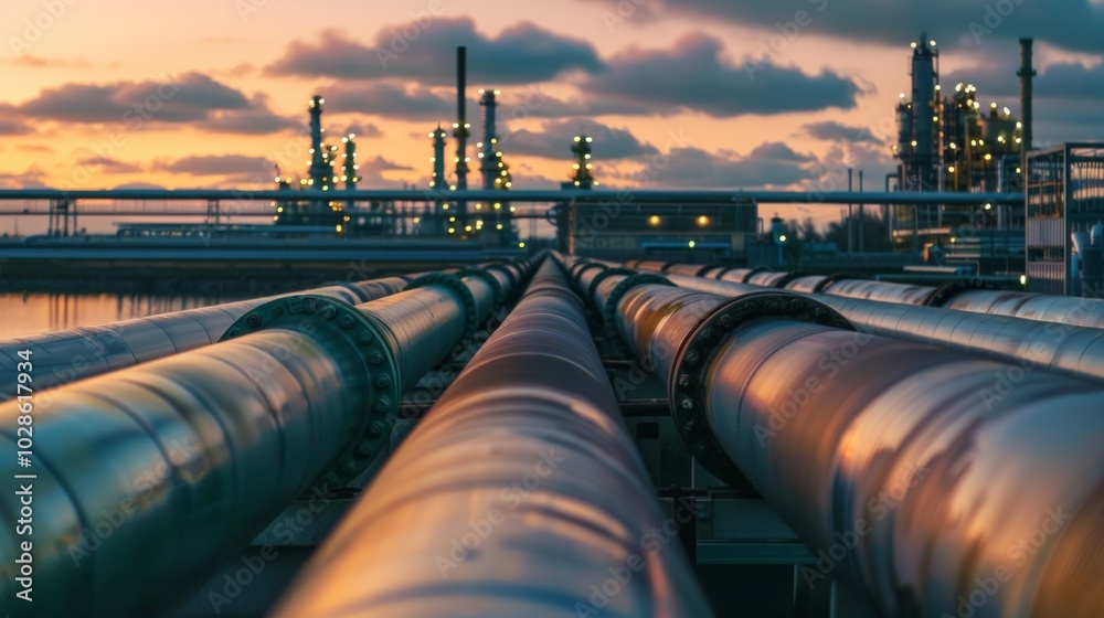 Industrial scene with shiny pipelines, canal, and refinery complex under twilight sky. Dusk setting illuminated by refinery lights. Industrial scene with shiny pipelines, canal, and refinery complex under twilight sky. Dusk setting illuminated by refinery lights.