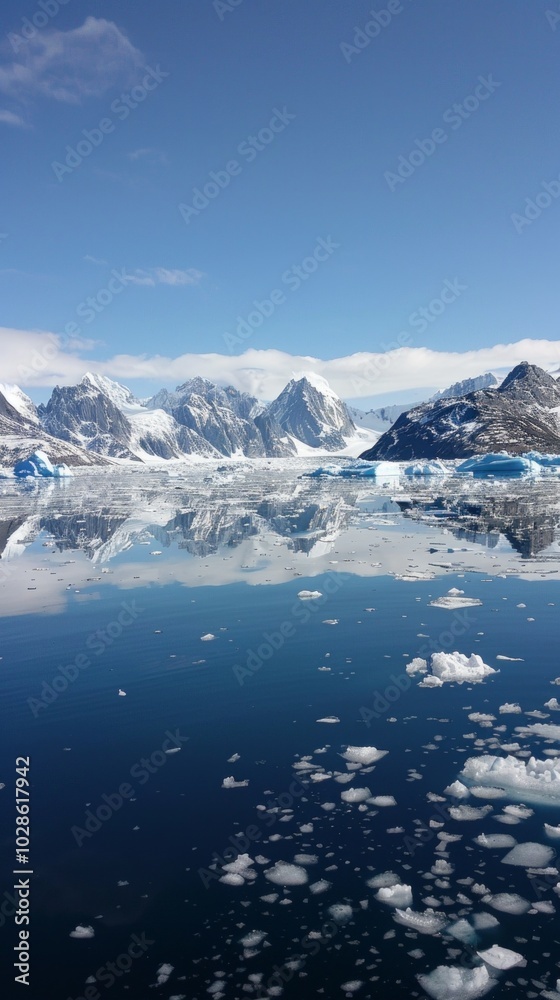 Serene Arctic image with iceberg in calm waters. Whites and blues contrast, with snowy mountains in backdrop. Clear sky reflects on water, evoking peacefulness and pristine beauty. Serene Arctic image with iceberg in calm waters. Whites and blues contrast, with snowy mountains in backdrop. Clear sky reflects on water, evoking peacefulness and pristine beauty.