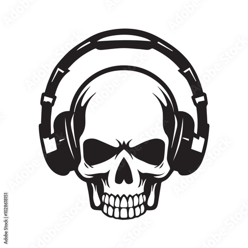 skull with headphones headset earphones smiling scary stylish black ad white vector logo tattoo style isolated icon for tee shirt high quality print business music industry