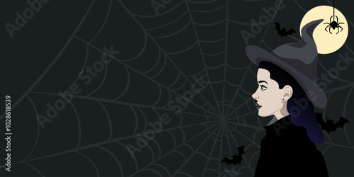 Witch Halloween cartoon background, vector character illustration, creepy spider web wallpaper design concept