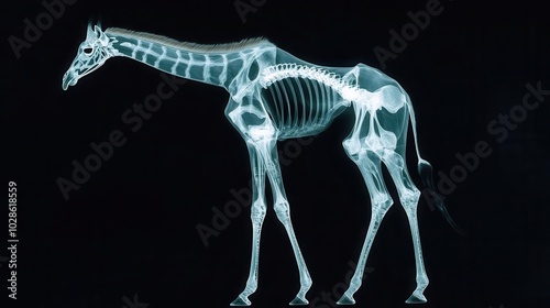 X-ray image of a giraffe's glowing skeleton, showing long neck bones and leg structure, giraffe X-ray, emphasizing unique skeletal features