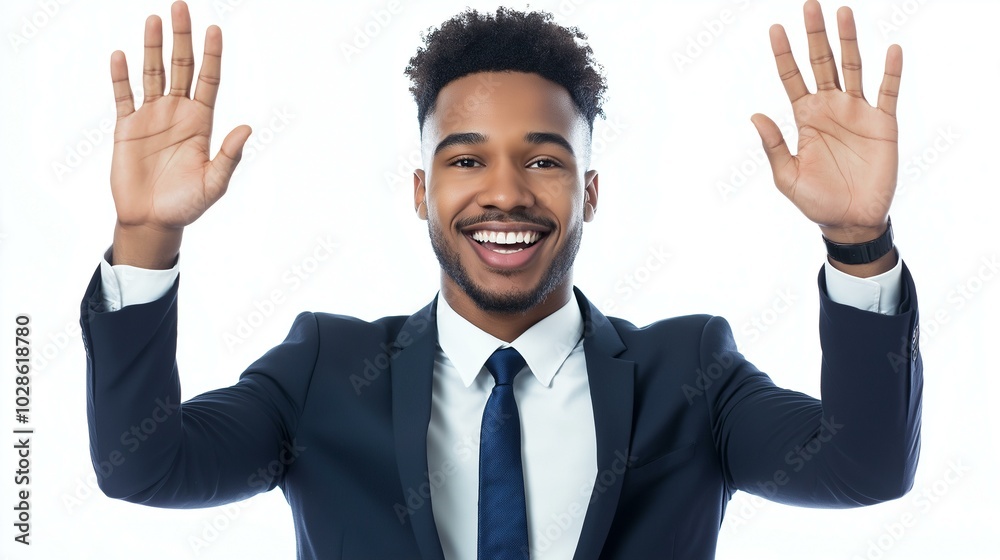 Portrait Of A Happy Smiling African American Businessman Raising Hands In Formal Suit Against White Background Portrait Of A Happy Smiling African American Businessman Raising Hands In Formal Suit Against White Background
