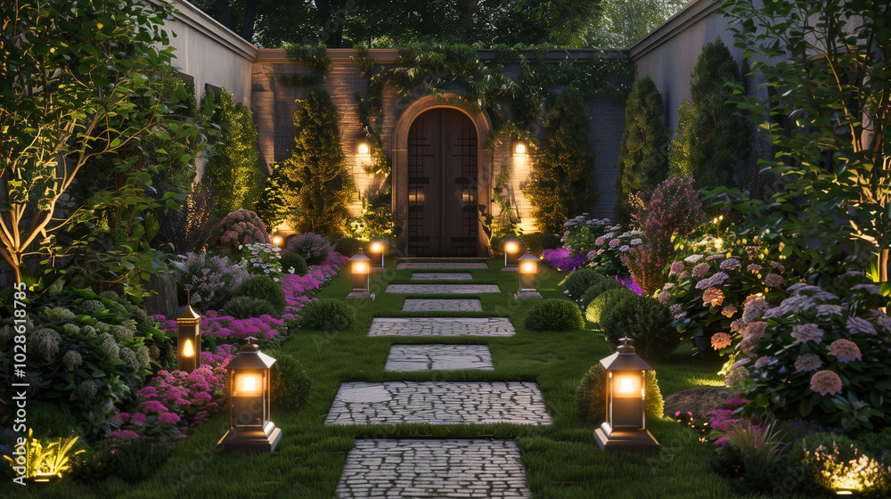Fototapeta premium Modern garden pathway illuminated by ground lights with vibrant flowers and plants at night