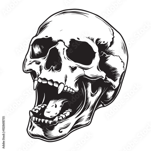 skull skeleton head open broken jaw side profile scary graphic science for studies halloween intricate high details black vector isolated on white for tee shirt high quality prints tattoo style