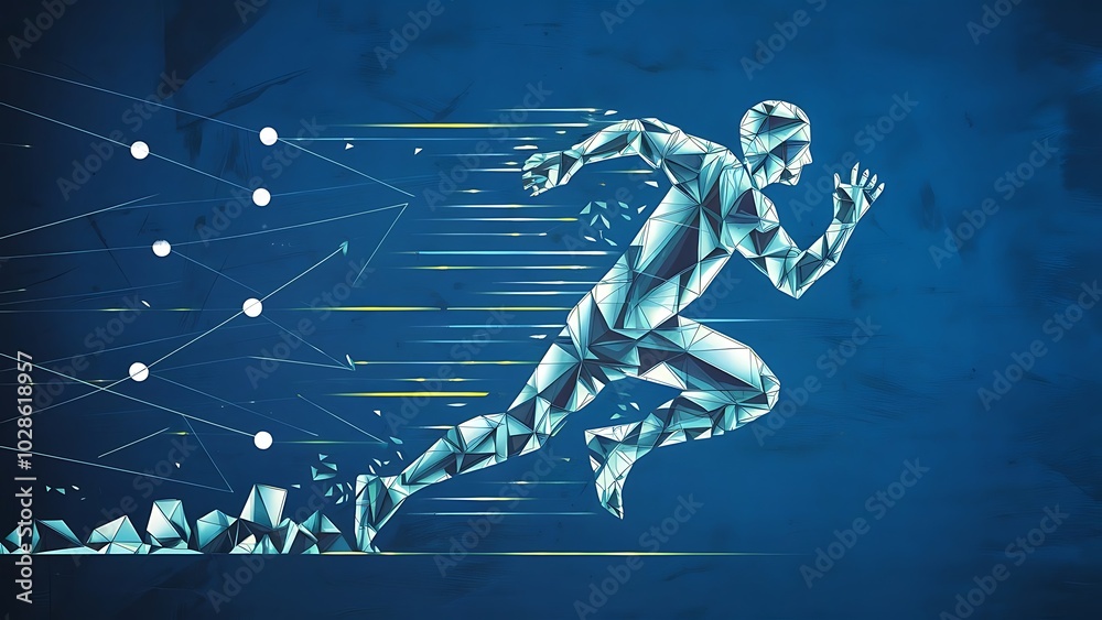 Fototapeta premium Abstract running man form lines and triangles, point connecting network on blue background. Illustration vector