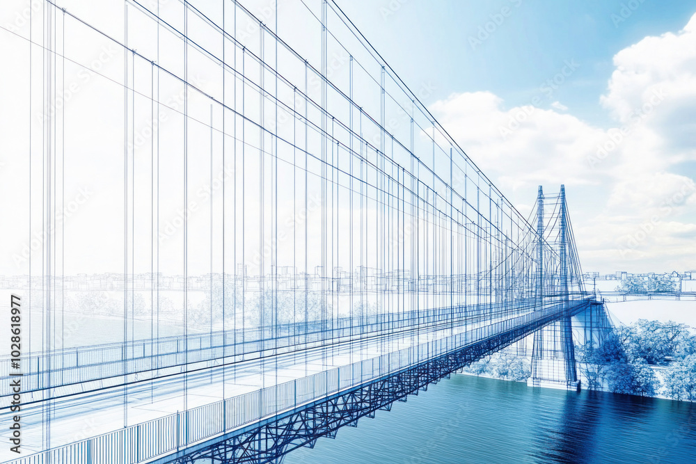 Fototapeta premium Wireframe of suspension bridge spanning river in urban setting