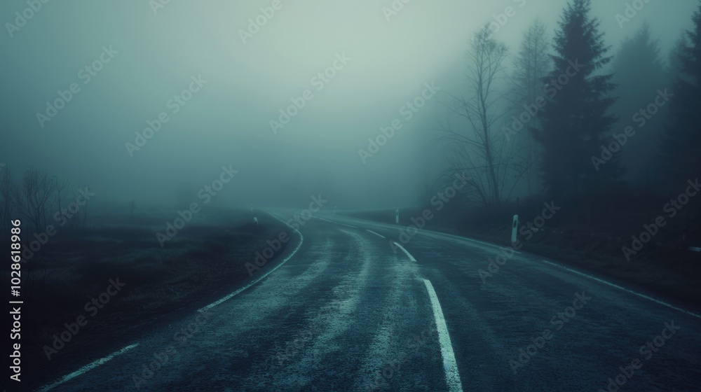 An empty winding road surrounded by fog and trees, creating a mysterious and eerie atmosphere with limited visibility and a sense of solitude. An empty winding road surrounded by fog and trees, creating a mysterious and eerie atmosphere with limited visibility and a sense of solitude.