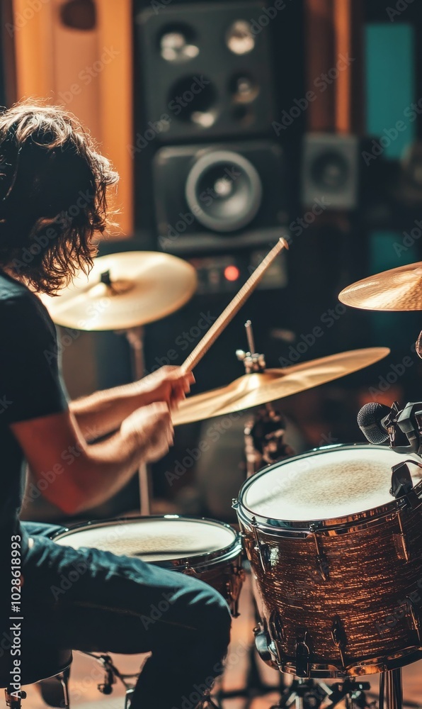 Obraz premium Drummer playing drums in a recording studio.