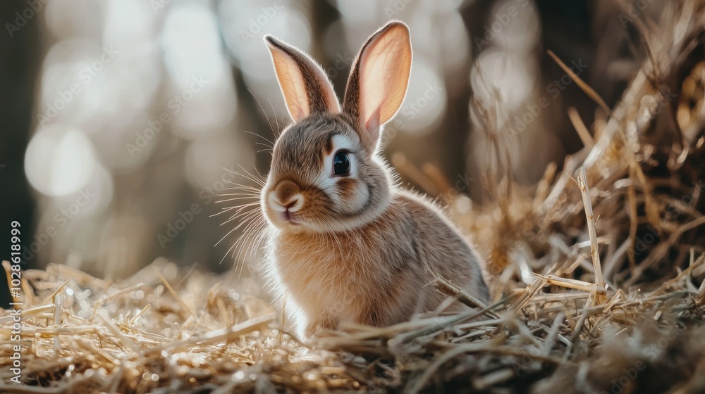 Fototapeta premium Stock minimalist photography of a bunny with large eyes and a shy expression, placed on a bed of hay with natural daylight adding warmth and coziness