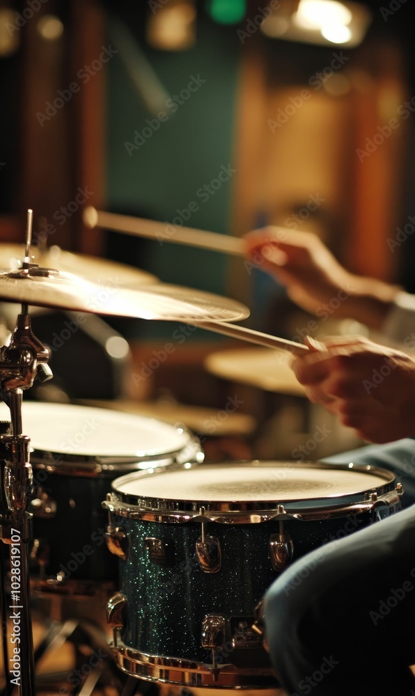 Naklejka premium A drummer plays a drum set in a studio.