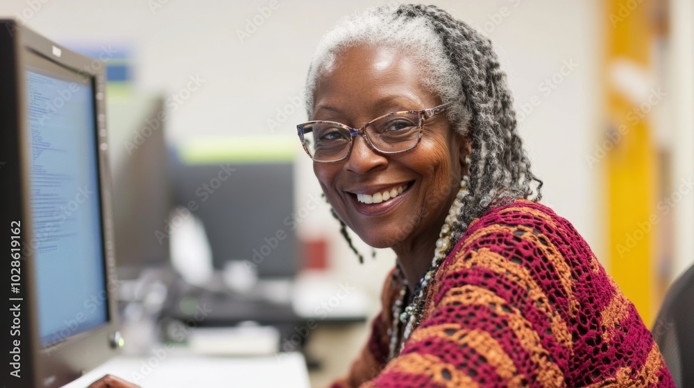 Portrait of a senior Black woman smiling while using a computer in a computer class, minimal background focusing on her engagement. Portrait of a senior Black woman smiling while using a computer in a computer class, minimal background focusing on her engagement.