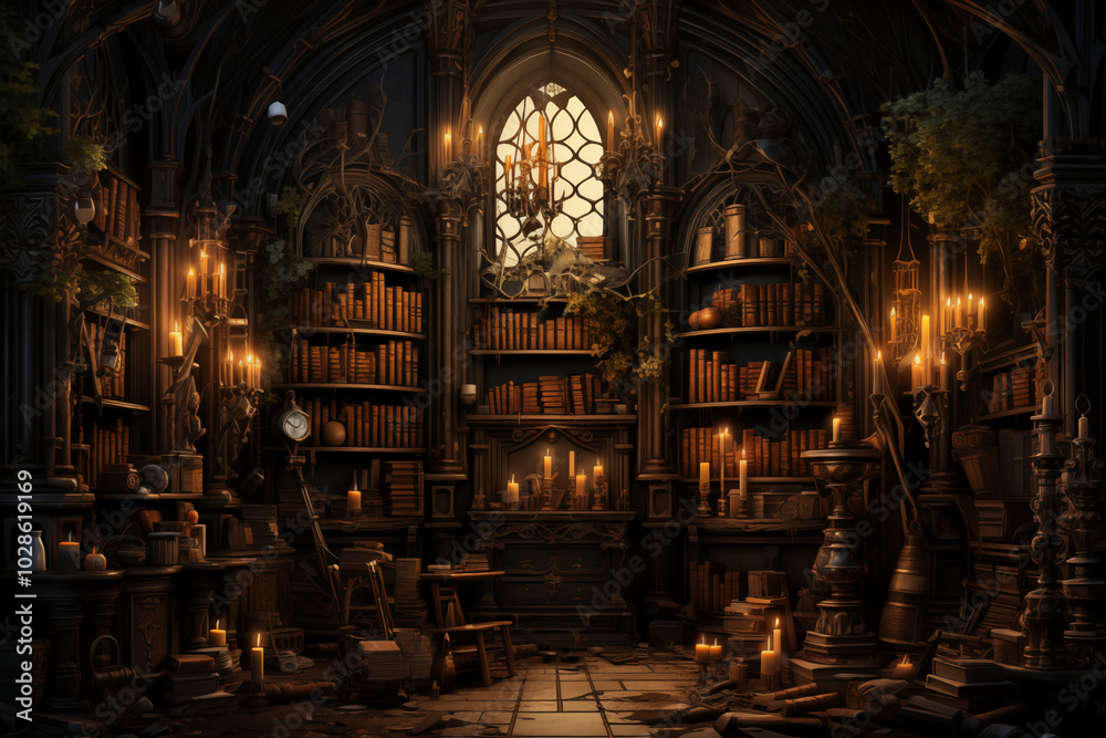 Fototapeta premium Gothic library interior with mysterious atmosphere representing solitude and knowledge in dark tones