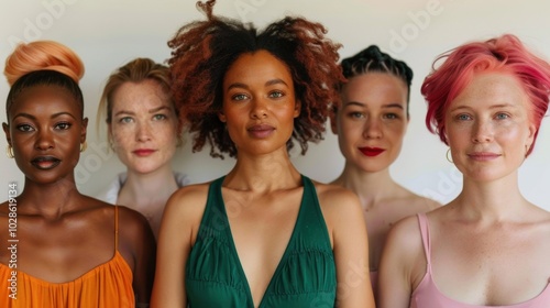 A group portrait of five diverse women standing confidently together, showcasing natural beauty and individuality with different hairstyles and skin tones.