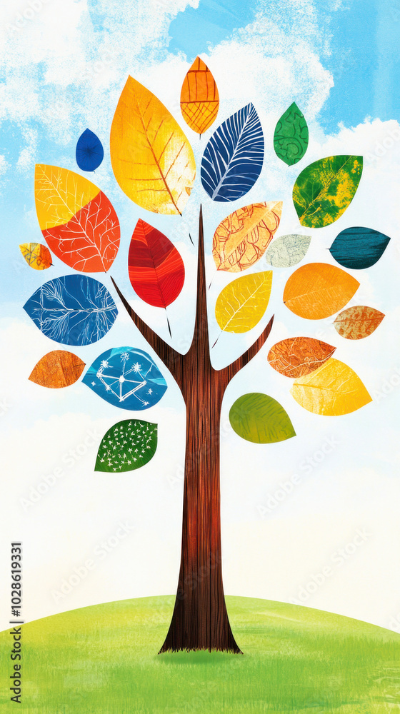 Fototapeta premium Colorful tree growing on grass with blue sky background