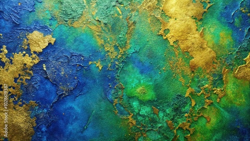 Organic textures in cobalt blue, green, and gold reflected in water