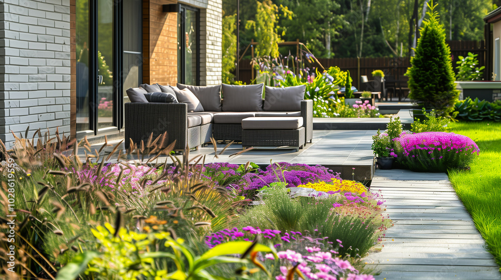 Fototapeta premium Modern backyard with lush lawn, stone flower bed, and patio seating area