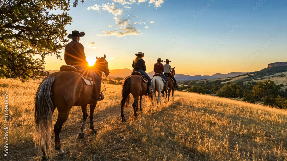 Cowboys and cowgirls riding horses in countryside at sunset Cowboys and cowgirls riding horses in countryside at sunset