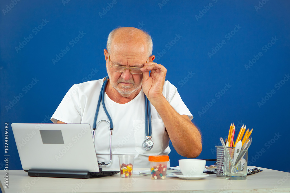 An elderly man, a doctor, in his office, at the table. Blue background. An elderly man, a doctor, in his office, at the table. Blue background.