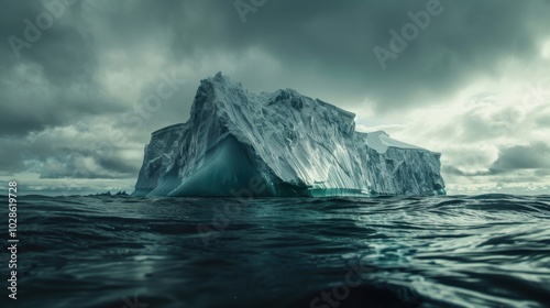 A colossal iceberg floats in dark, cold ocean waters under a cloudy sky, creating a powerful and mysterious arctic scene.