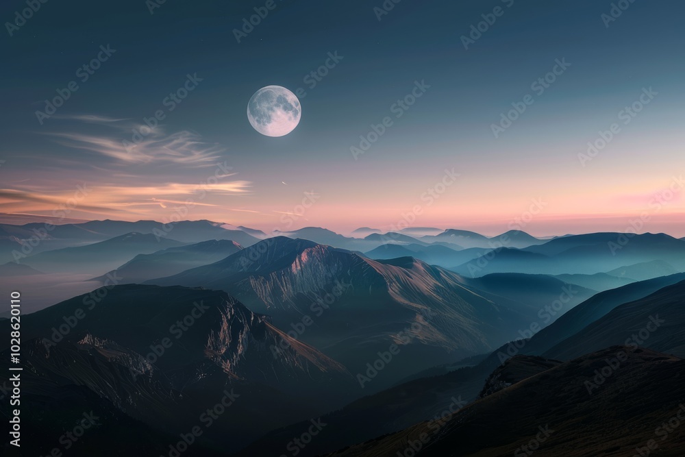 Fototapeta premium A full moon casts a mystical glow over majestic mountains, their peaks silhouetted against a pastel sky, creating a breathtaking nocturnal view.