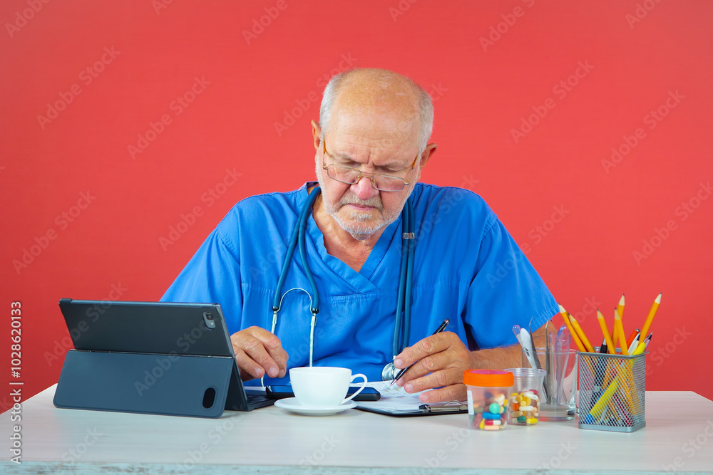 An elderly man, a doctor, in his office, at the table. Blue background. An elderly man, a doctor, in his office, at the table. Blue background.