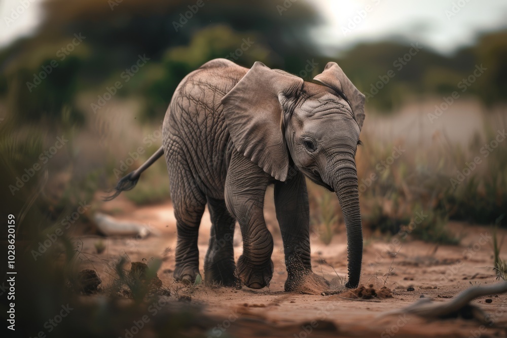 Fototapeta premium A young elephant gracefully explores a dusty savanna path, embodying the innocence and curiosity of the wild amidst a serene landscape.