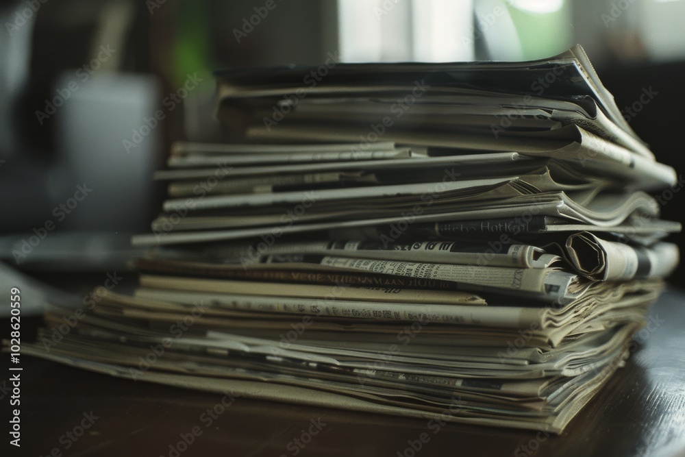 Stacked newspapers on a dark wooden table bask in soft light, hinting at stories untold and nostalgia for print media. Stacked newspapers on a dark wooden table bask in soft light, hinting at stories untold and nostalgia for print media.