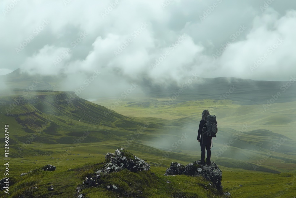 Lone hiker stands resolutely against a backdrop of diverse, mist-covered landscapes, embodying solitude and exploration amidst nature. Lone hiker stands resolutely against a backdrop of diverse, mist-covered landscapes, embodying solitude and exploration amidst nature.