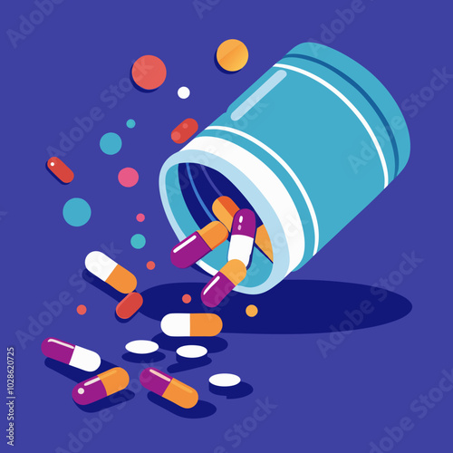 Blue medicine bottle spilling capsules with colorful background