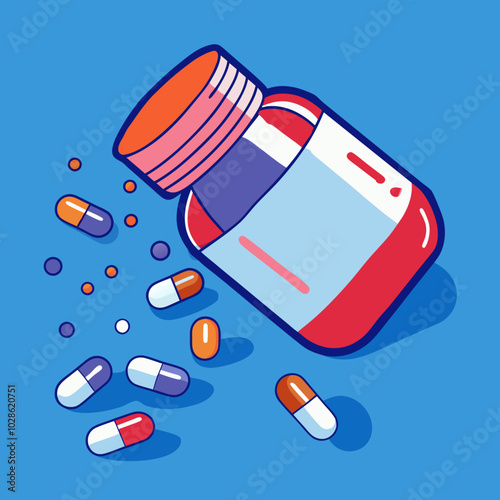 Flat design of a medicine bottle with pills on blue background