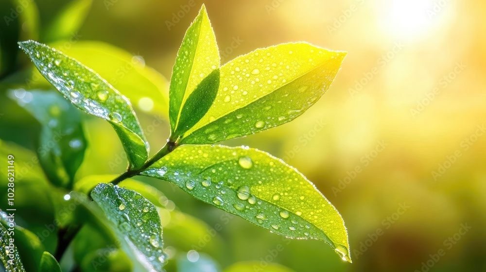Glowing Green Leaves with Water Droplets Glowing Green Leaves with Water Droplets