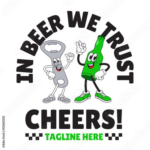 Shirt Design of Happy Beer Bottle and Opener Mascot Character
