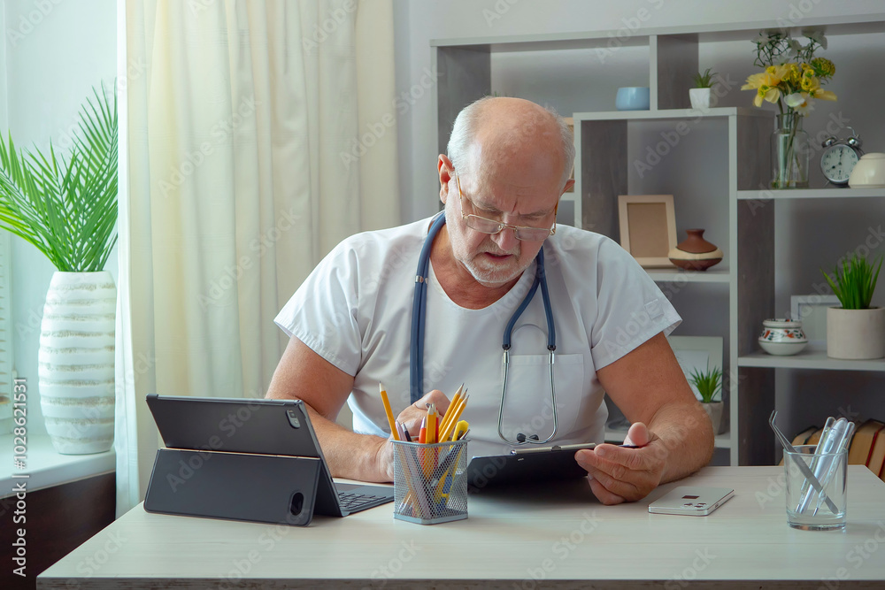 An elderly man, a doctor, in his office, at a table. An elderly man, a doctor, in his office, at a table.