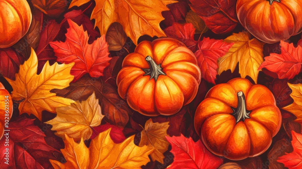 Vibrant seamless pattern an assortment of hand-painted pumpkins and autumn leaves, perfect for the essence of fall in various seasonal designs. Vibrant seamless pattern an assortment of hand-painted pumpkins and autumn leaves, perfect for the essence of fall in various seasonal designs.